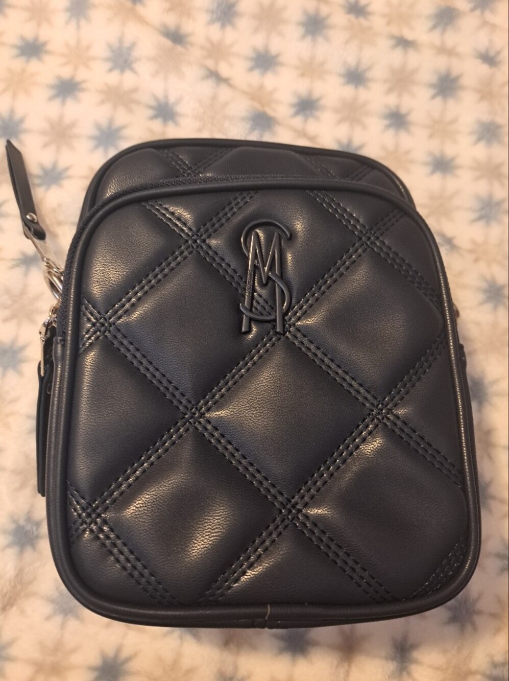 Steve Madden Quilted Navy Crossbody Bag with Monogram Accent
